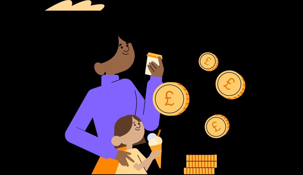 Person with their child and coins