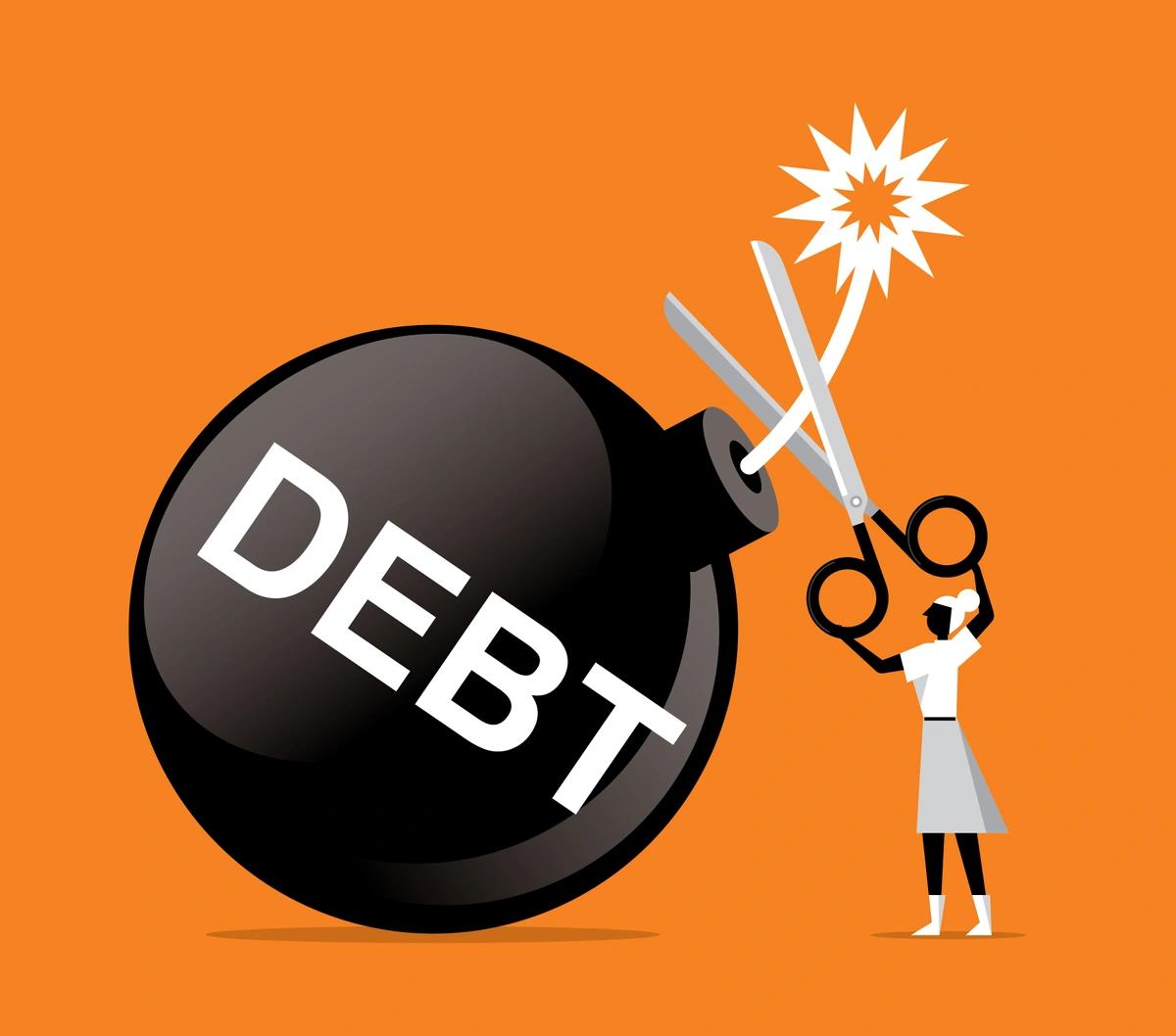 Illustration of a woman snipping lit fuse off a debt bomb with scissors