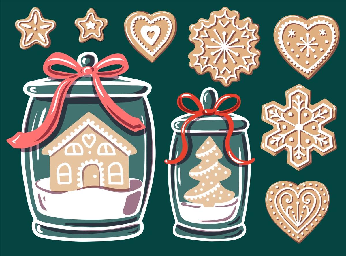 An illustration of two glass jars decorated with red ribbon, surrounded by Christmas-themed cookies.