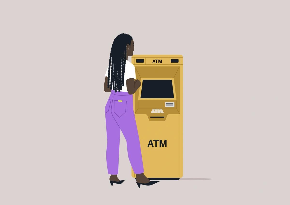 An illustration of a woman standing in front of a yellow ATM.