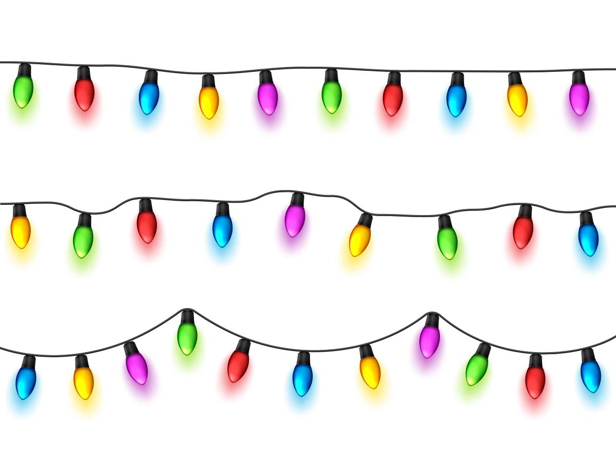 An illustration of three strings of colourful Christmas lights.