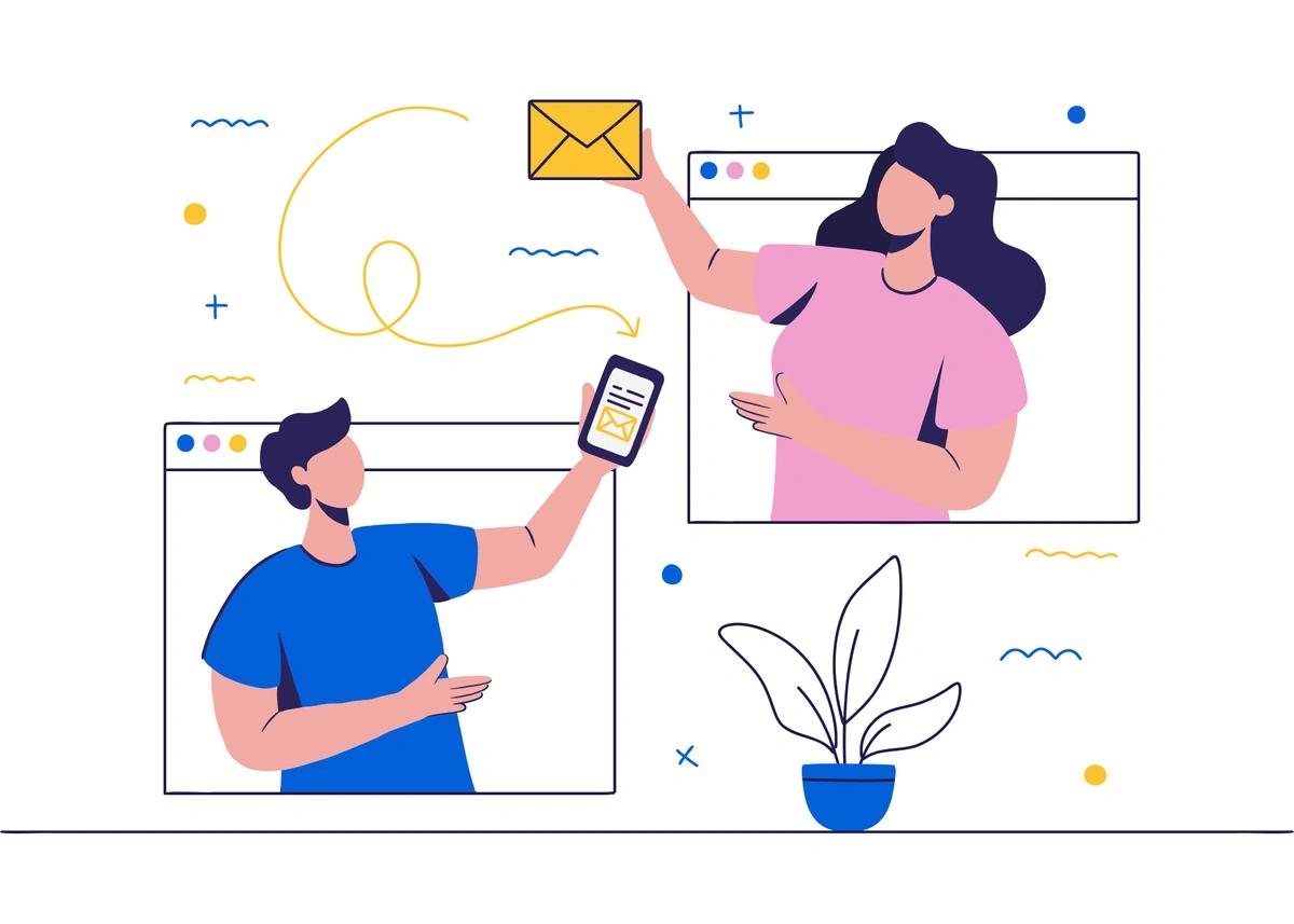 An illustration of a man and woman sending an email to each other.
