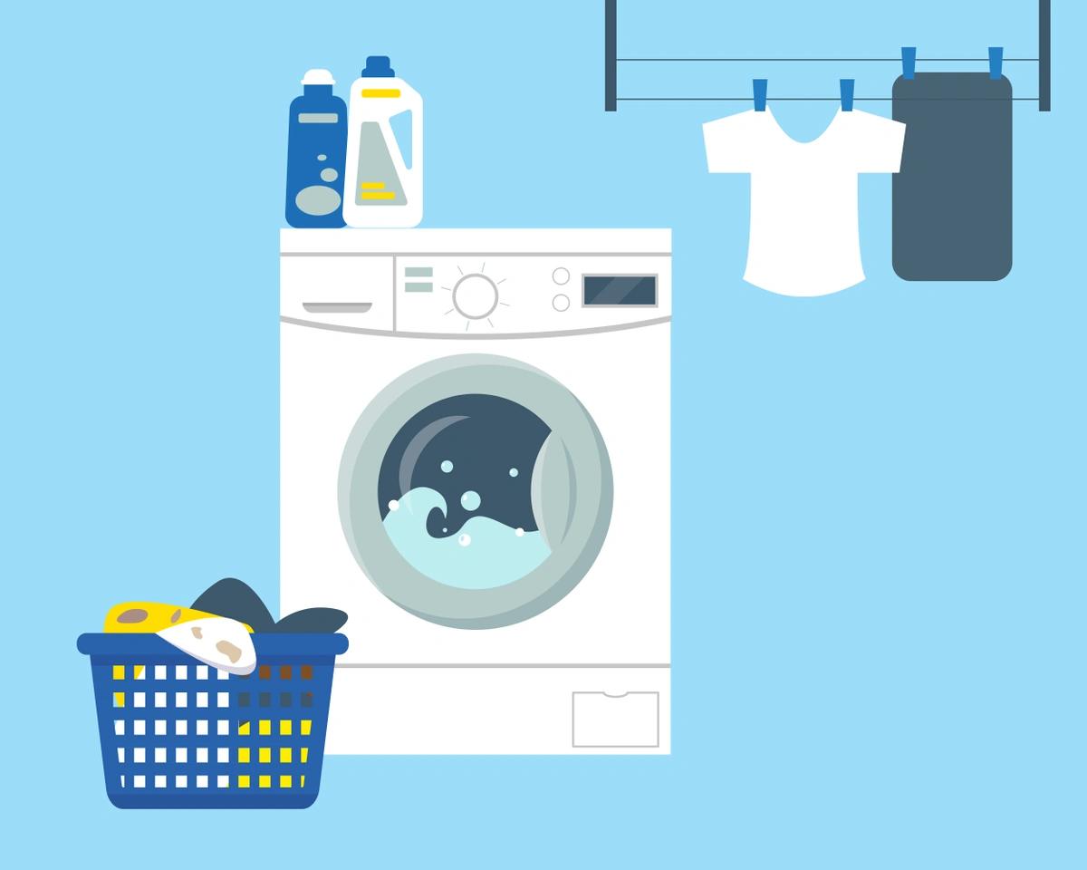 An illustration of a washing machine with a basket of laundry plus clothes hanging up.