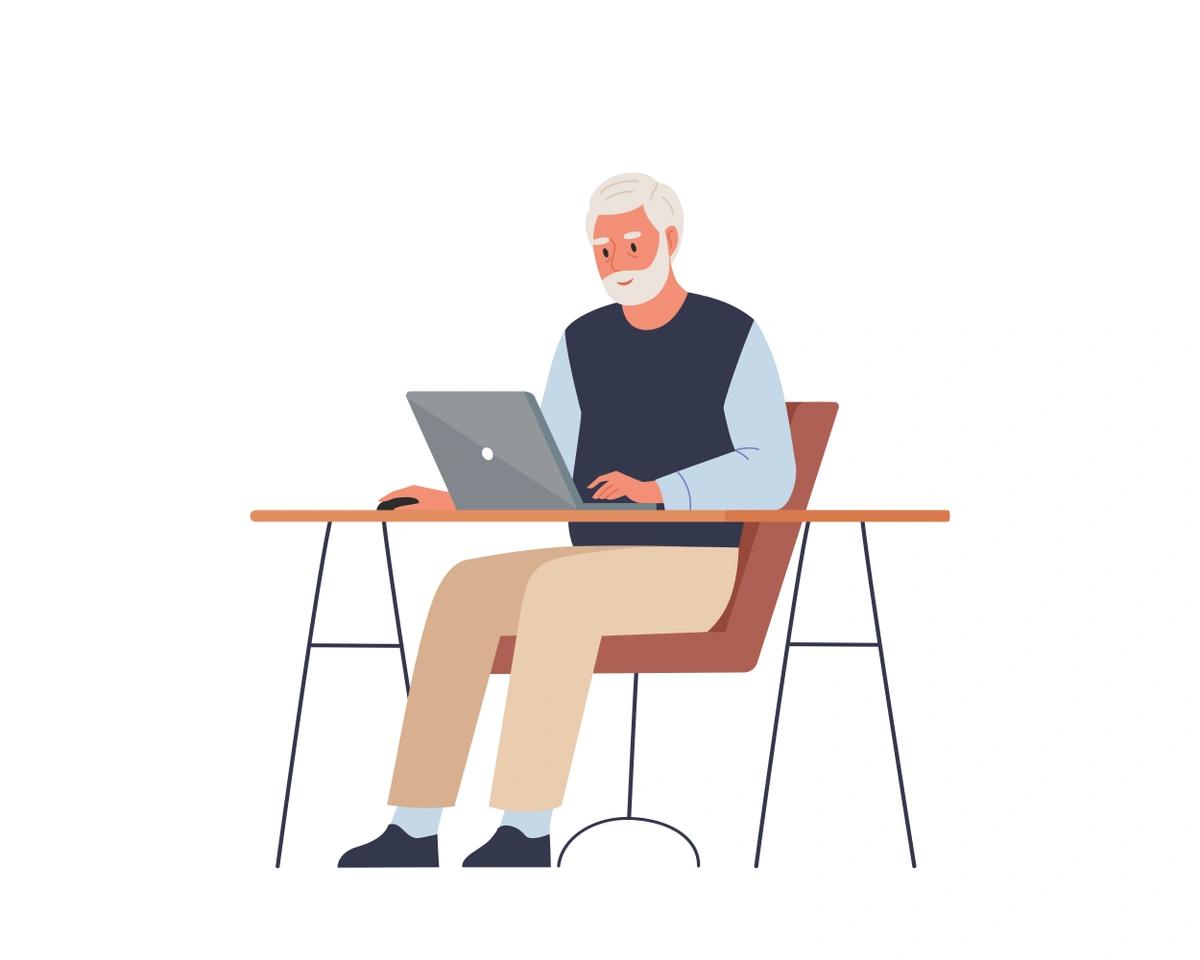 An illustration of an elderly man applying for pension credit on a laptop.