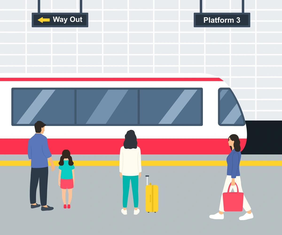 An illustration of people waiting for a train on a platform.