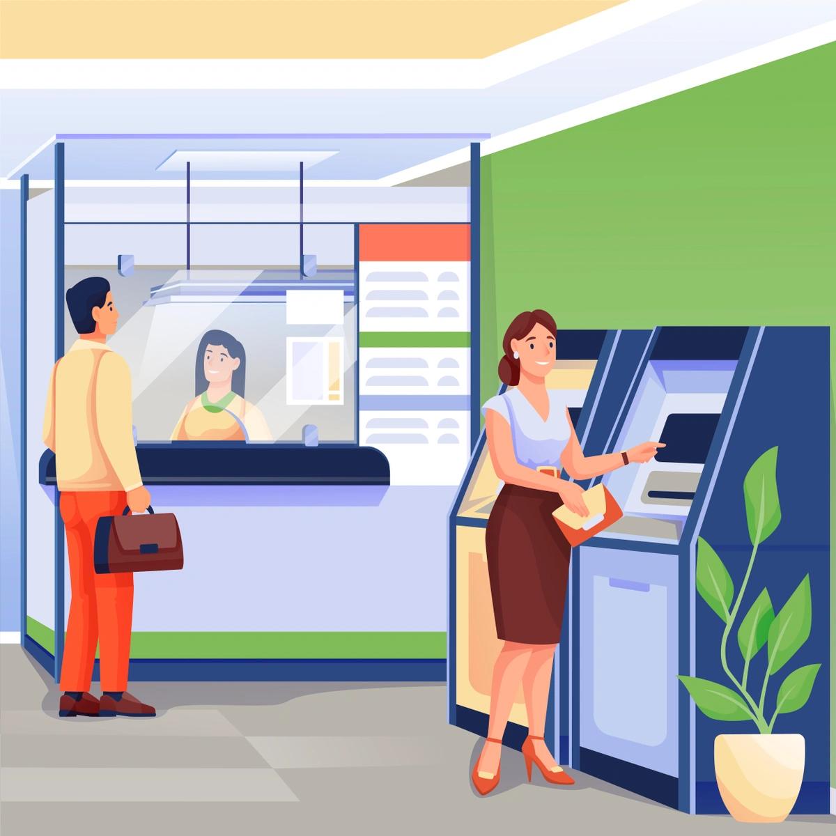 An illustration of a scene inside a bank with a woman using an ATM and a person speaking to the bank teller at the counter.