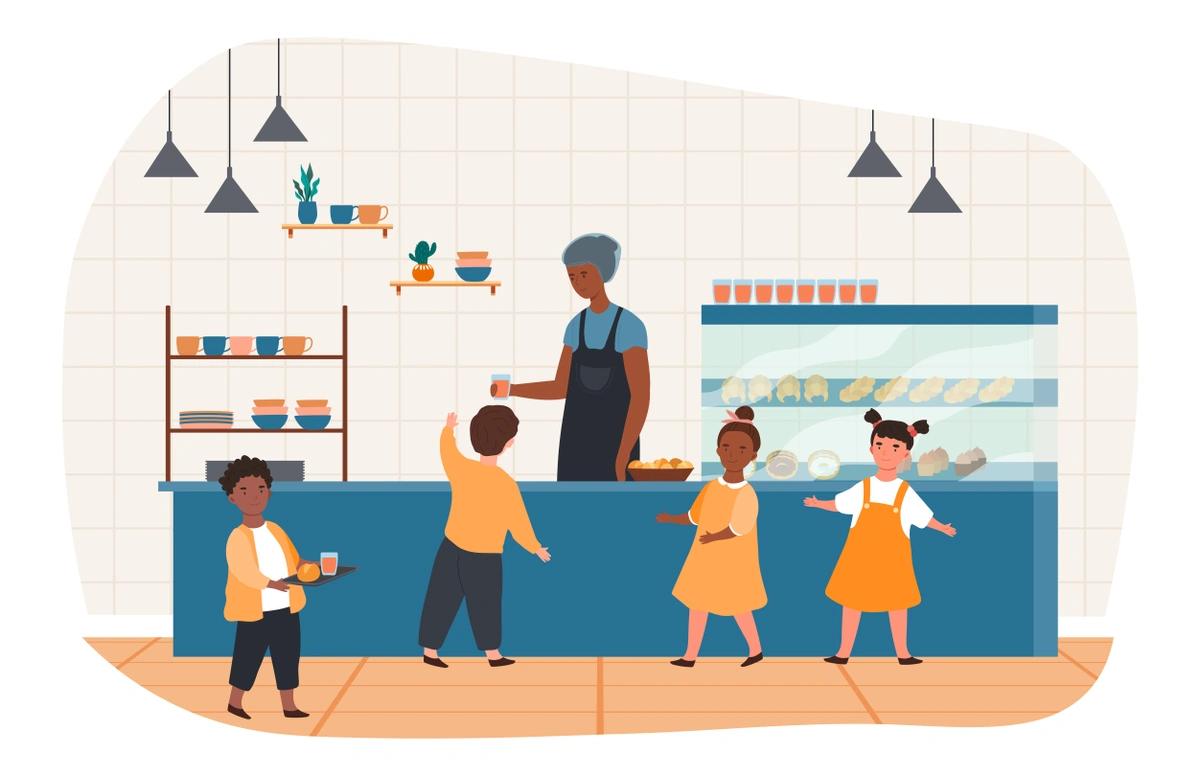 An illustration of four children being served in a school canteen.