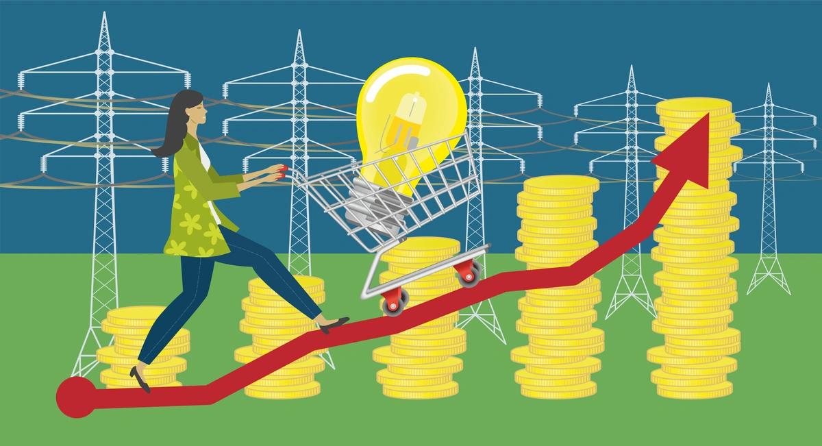 An illustration of a woman pushing an oversized lightbulb in a shopping trolley over a rising red arrow in front of electricity pylons and stacks of gold coins which increase in height.