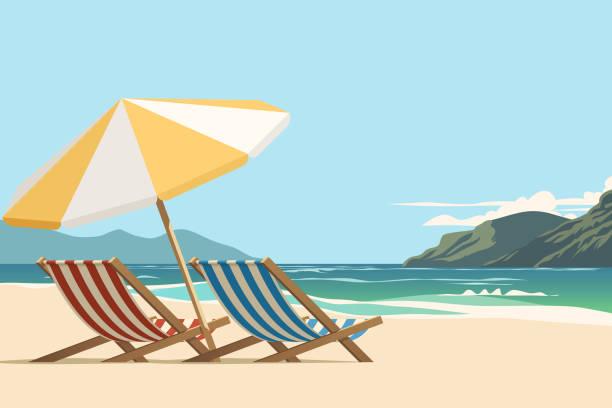Illustrated image of two deck chairs on a beach. Top tips for saving money on your summer holiday bookings. Cheap summer holidays