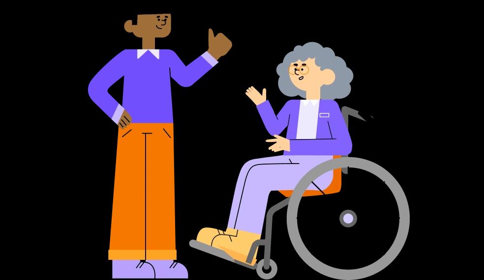 A person assisting another person in a wheelchair