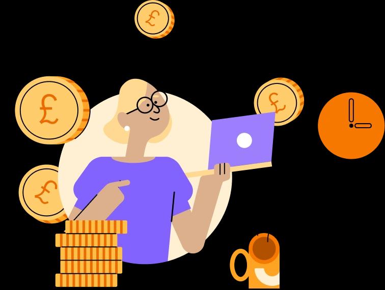 illustration of woman holding laptop surrounded by coins