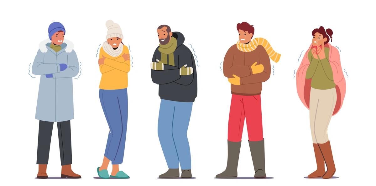 An illustration of five people wrapped up in winter clothing and blankets, shivering due to the cold.