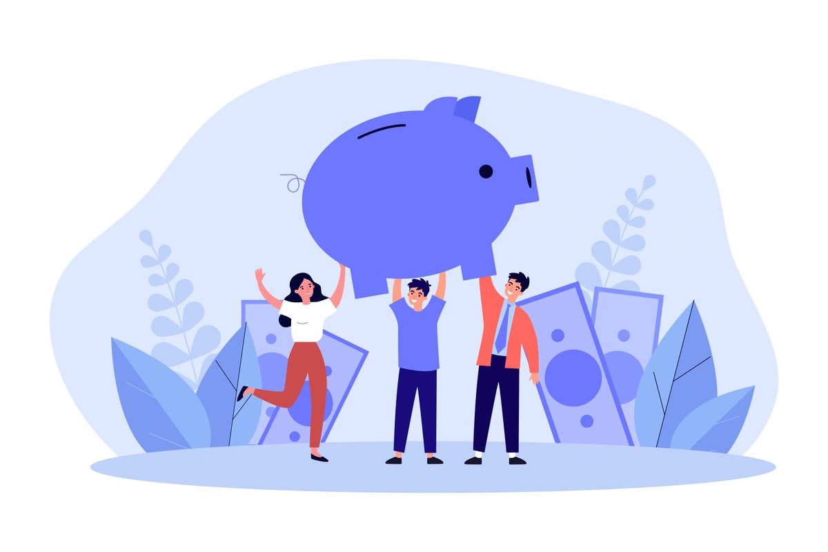 An illustration of three tiny people happily holding an oversized piggy bank over their heads.