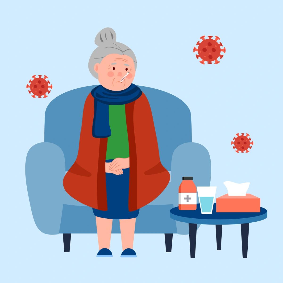 Illustration of an old woman wearing a coat and scarf in her cold home