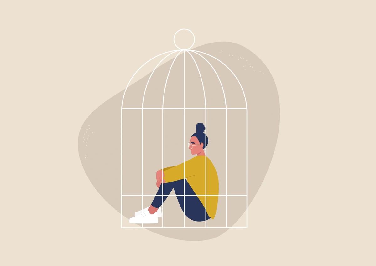 Illustration of a woman trapped in a cage