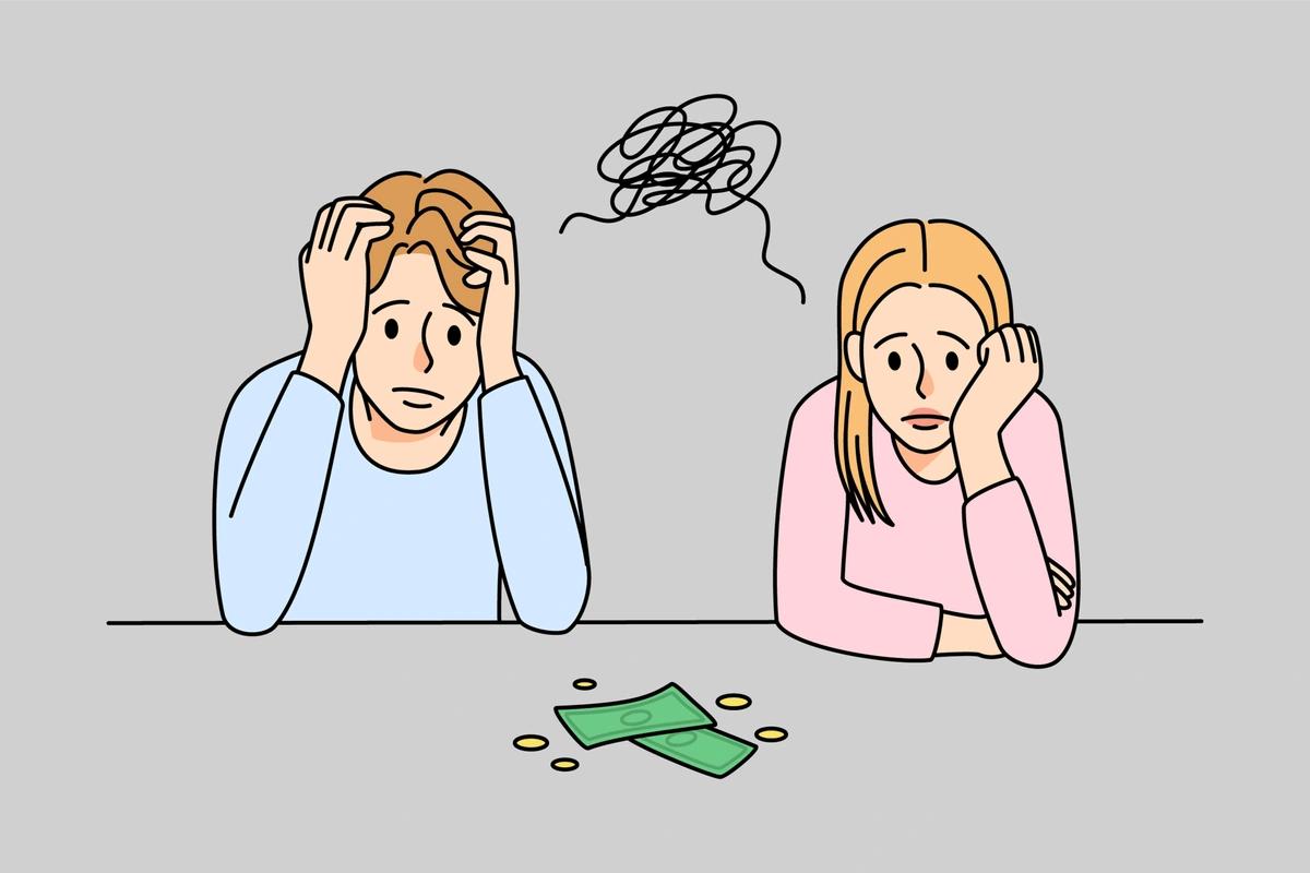 An illustration of an anxious man and woman staring at their last bit of money on the table.