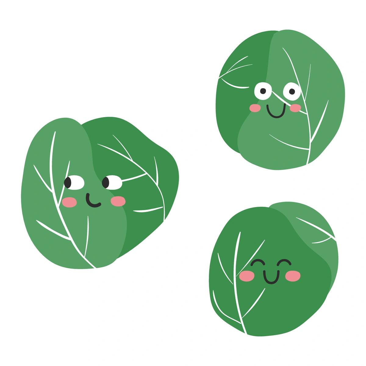 An illustration of three happy cartoon Brussels sprouts.