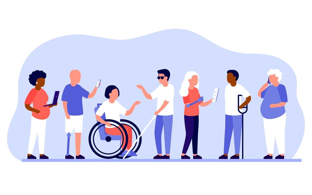 An illustration of a diverse group of people with different disabilities.