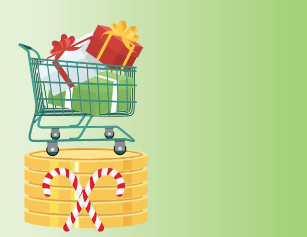 Illustrated image of a shopping trolly with money. How to set money boundaries this Christmas