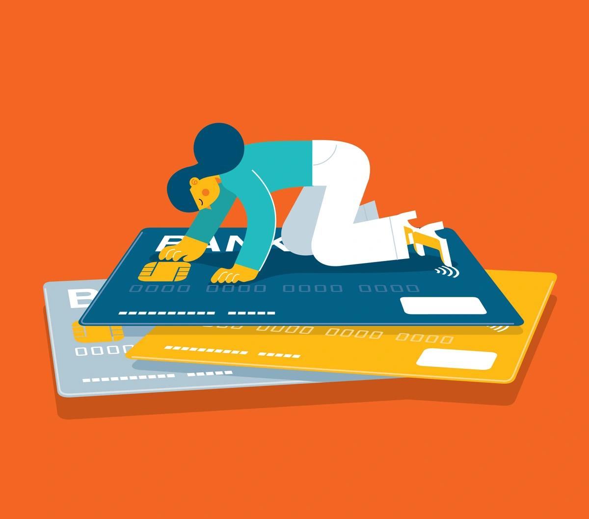 An illustration of a woman on her hands and knees on a pile of credit cards.