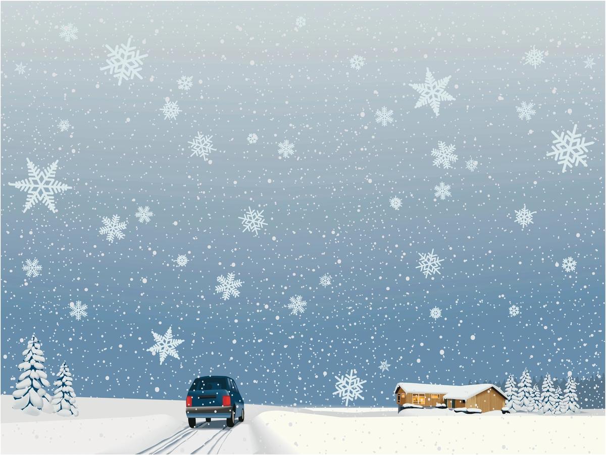 An illustration of a car approaching a house in the snow while snowflakes fall.