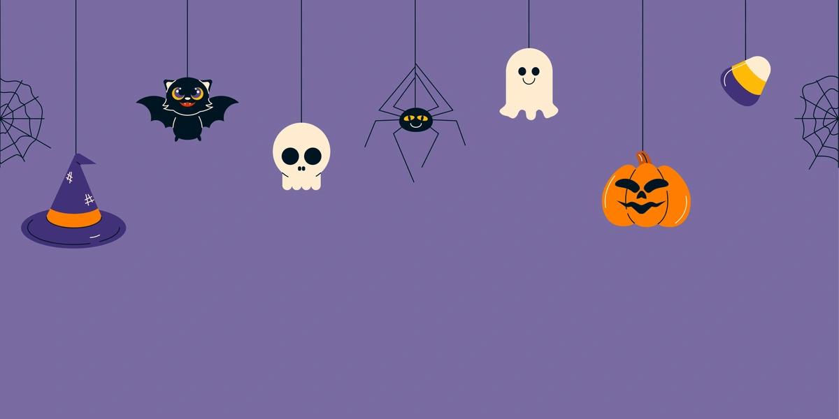 A purple background with Halloween-related illustrations dangling from the top, including cobwebs, a witch's hat, a bat, a skull, a spider, a ghost, a pumpkin and candy corn.