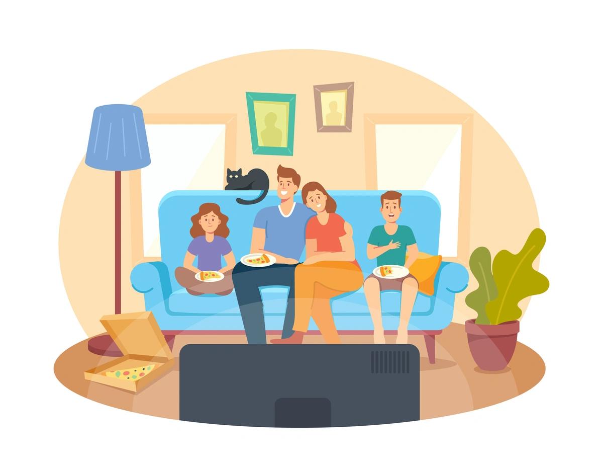 Illustration of family watching film