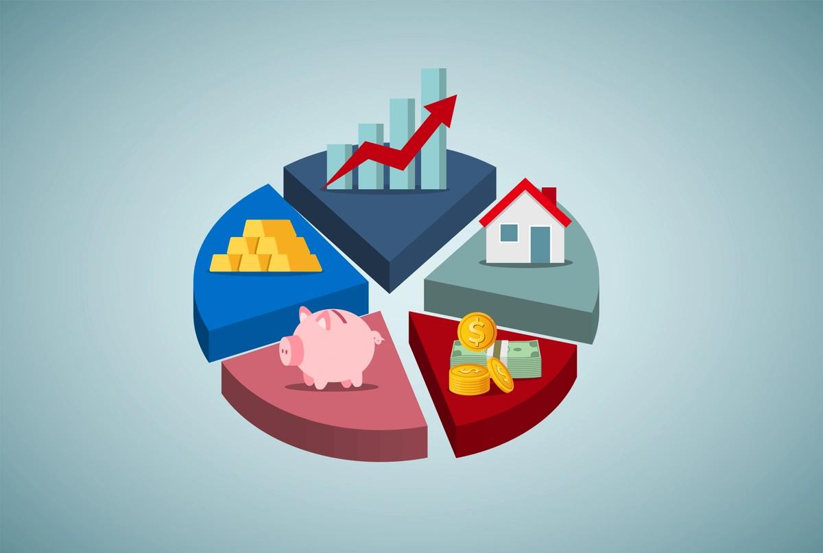 An illustration of a pie chart split into five wedges with housing, a piggy bank, gold, rising stocks and a pile of cash.