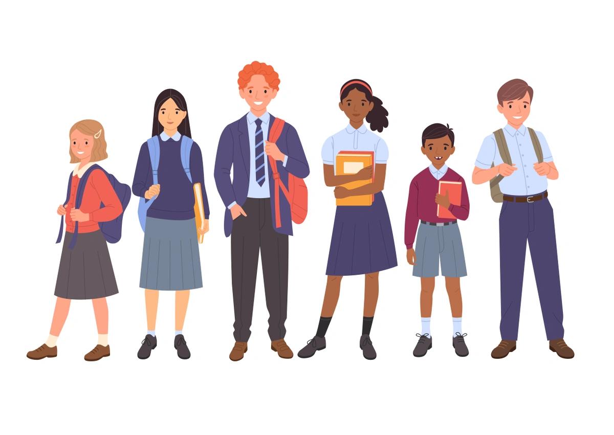 An illustration of six children of different ages, ethnicities and gender wearing school uniform.