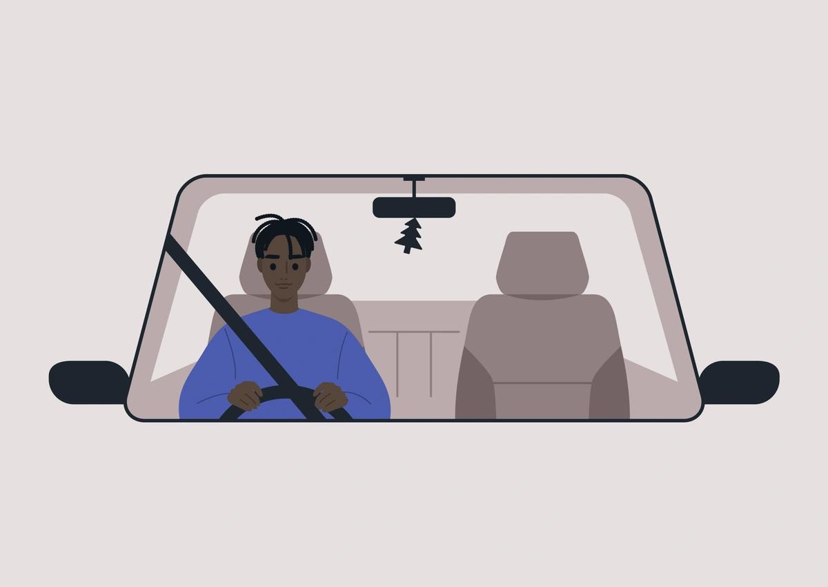 An illustration of a young black man driving a car.