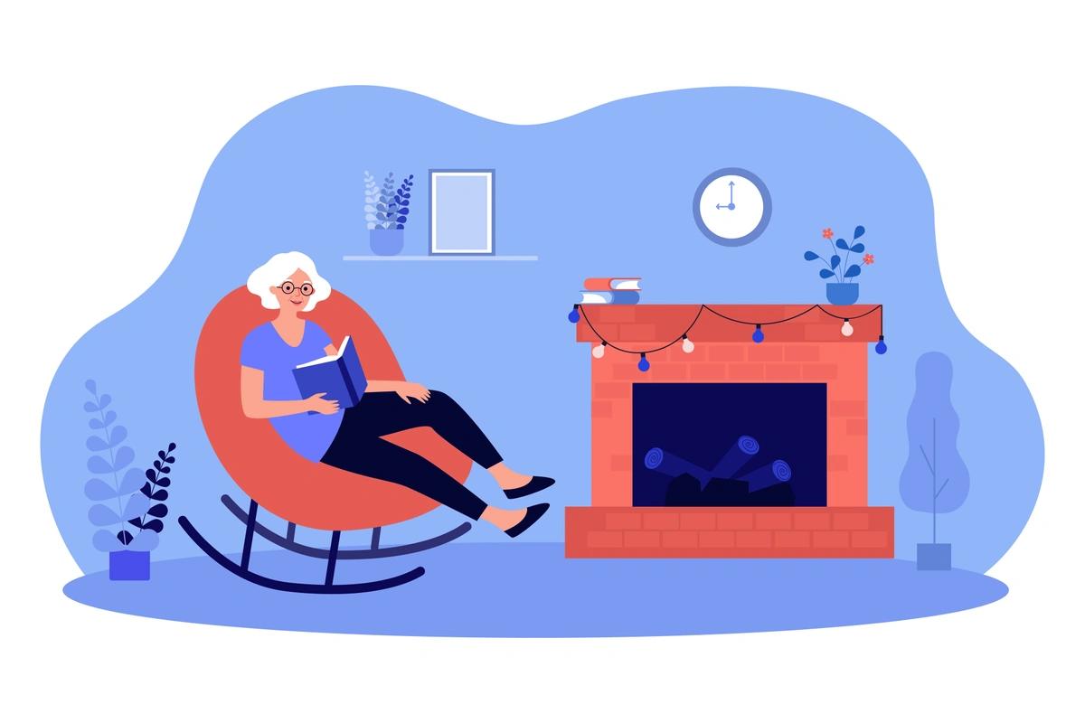 An illustration of an older woman sat reading a book by the fire