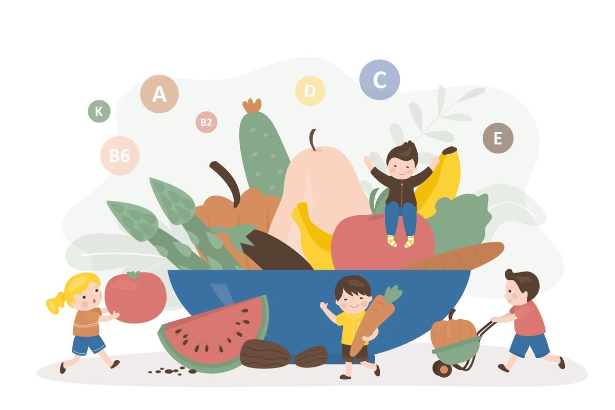 An illustration of tiny children and oversized fruit and vegetables with vitamin letters in the background.