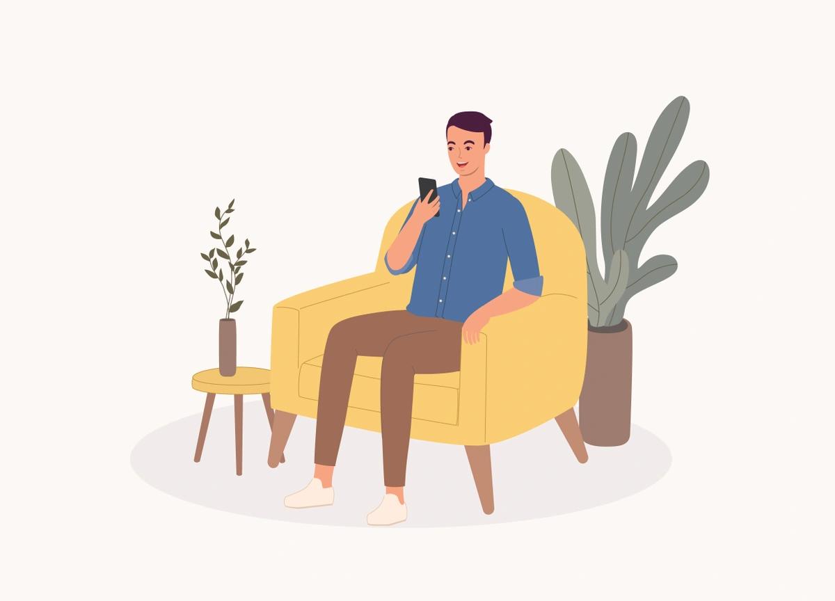 An illustration of a man sitting on the coach, talking on his phone in front of him.