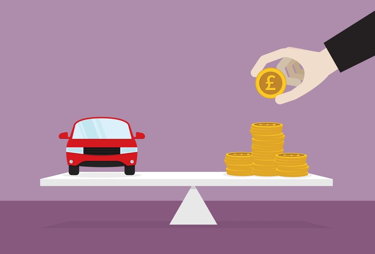 An illustration of a car balanced against a stack of £1 coins.