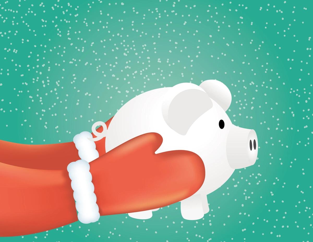 An illustration of Santa's gloved hands holding out a white piggy bank.