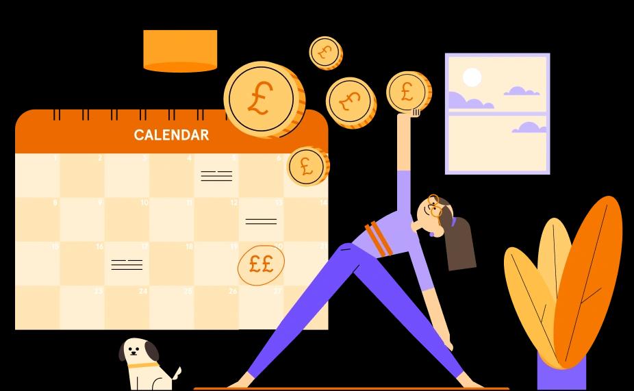 Person practicing yoga with a calendar and coins