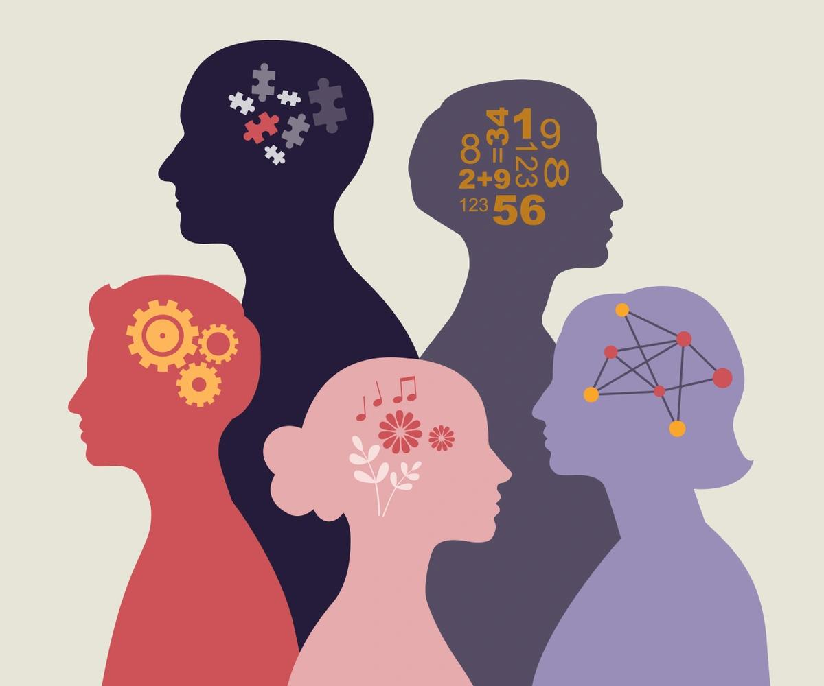 An illustration of five silhouettes with things like numbers, cogs and puzzle pieces to symbolise neurodiversity.