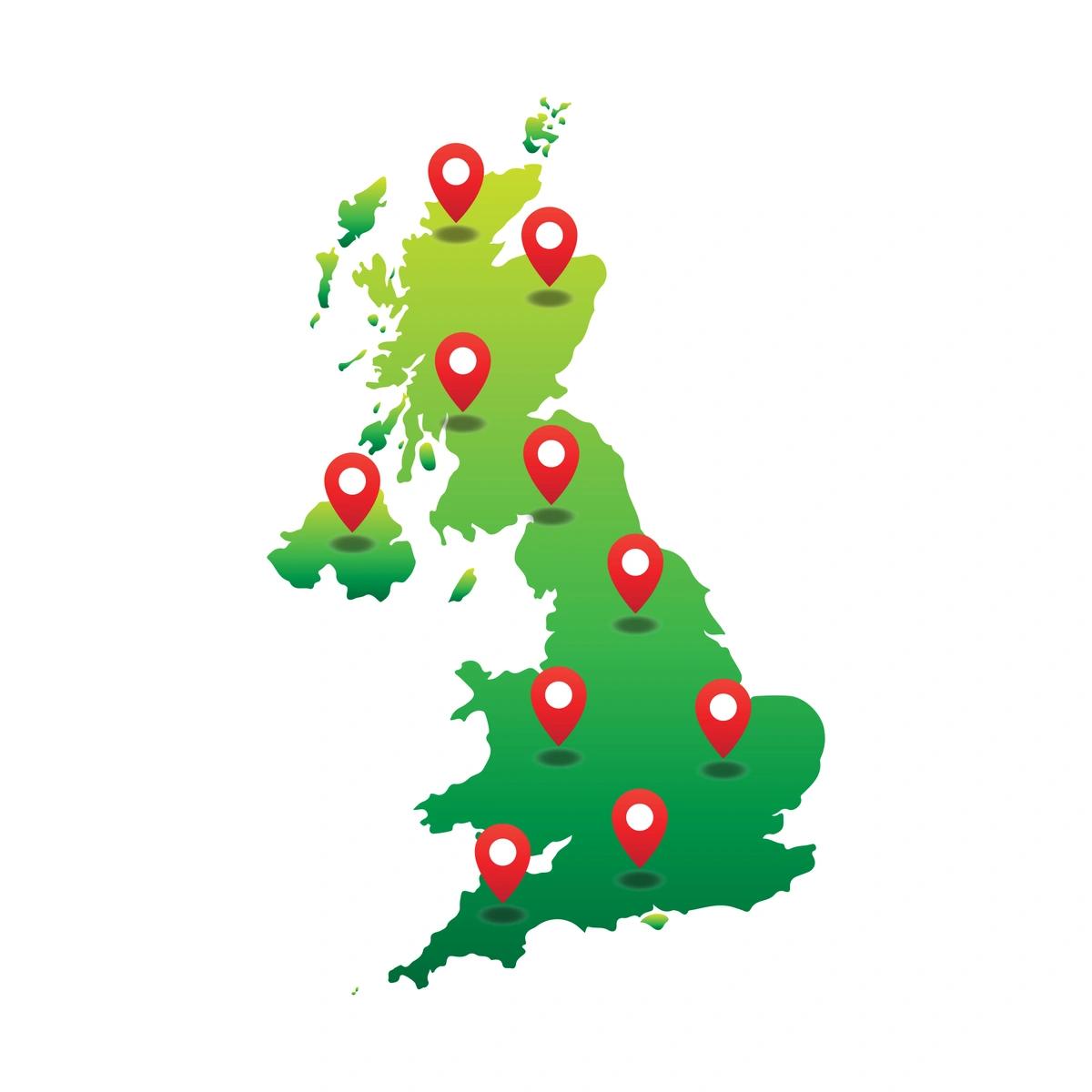 An illustration showing a map of the UK with various red pin drops.