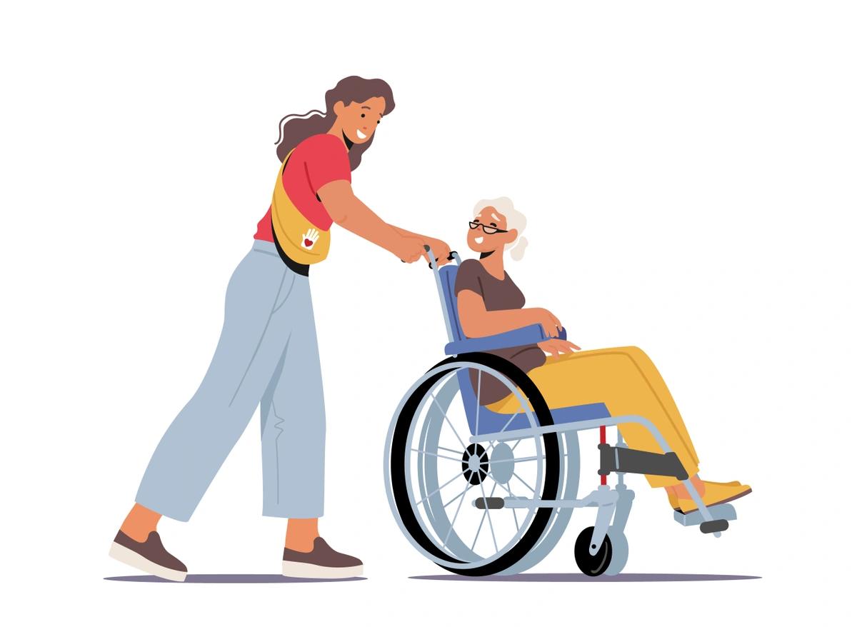 A young woman pushes an older woman in a wheelchair