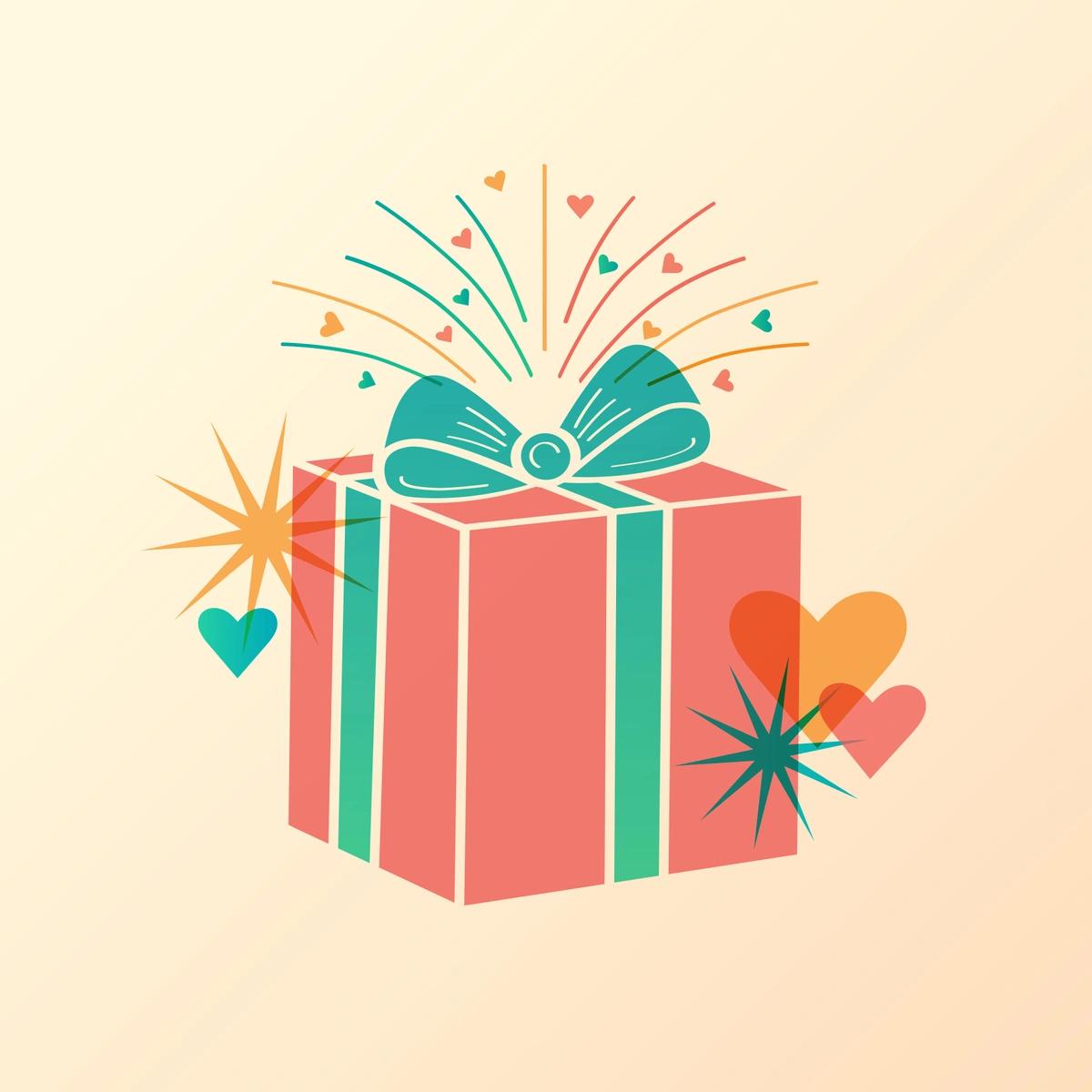 An illustration of a red present wrapped with green ribbon and fireworks bursting behind it.