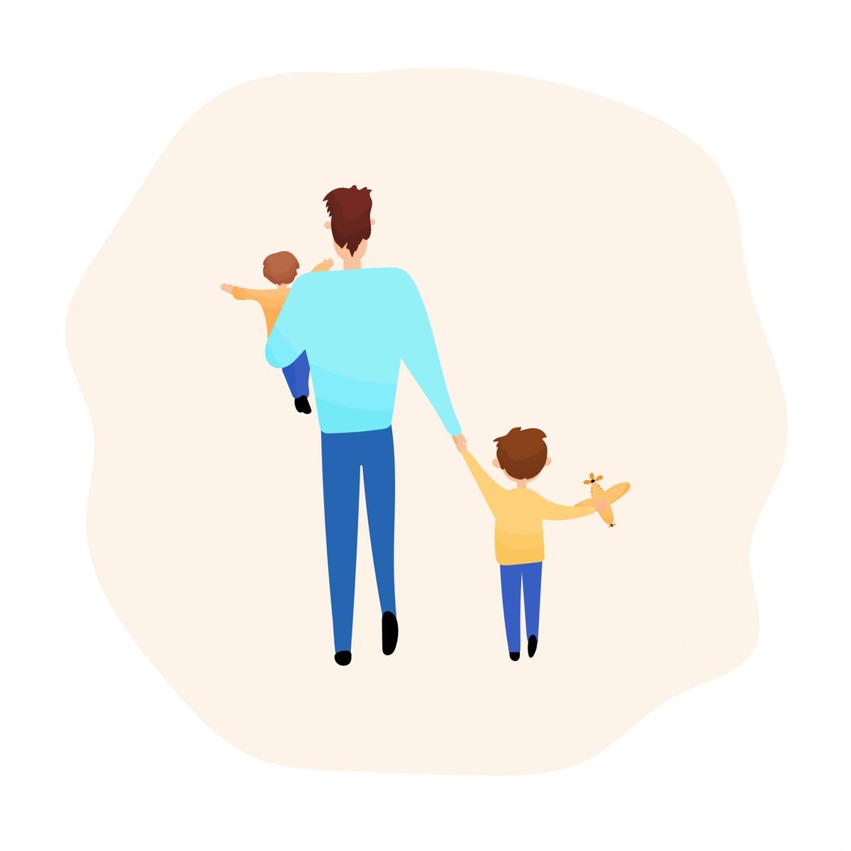 An illustration of a single dad carrying a very young child and holding the hand of his young son.