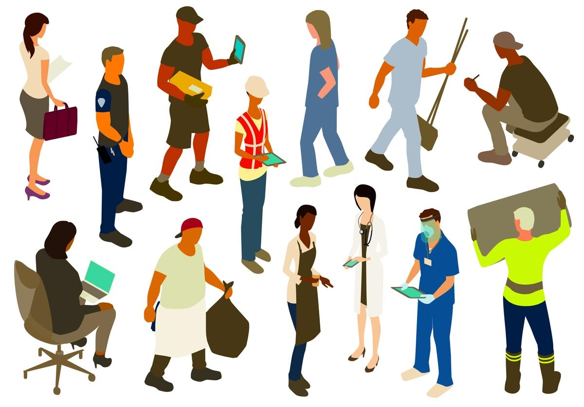 An illustration of 13 people from different jobs.