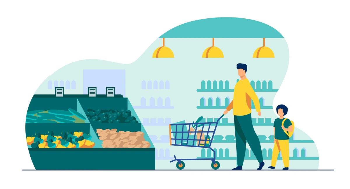 An illustration of a father and son with a shopping trolley on the produce aisle in a supermarket.