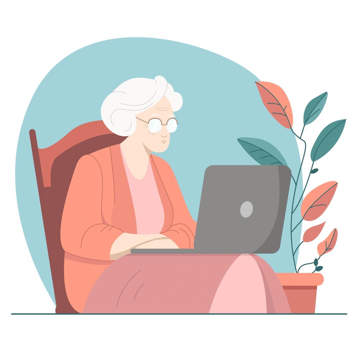 Illustration of older woman on laptop