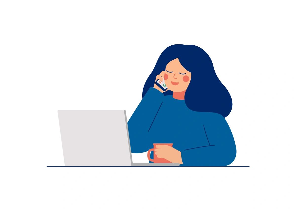 Illustration of a women sitting at her laptop making a phone call on her mobile phone