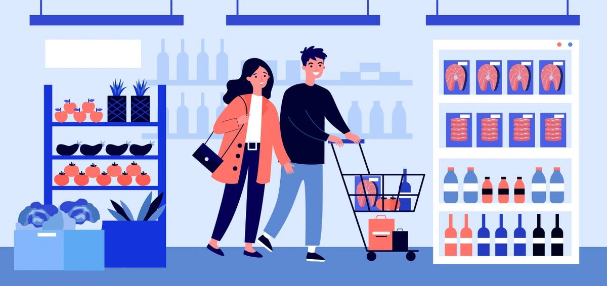 Illustration of happy man and woman shopping in supermarket