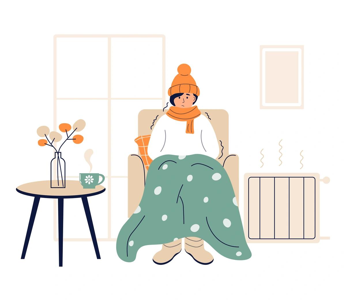 Illustration of cold person in home