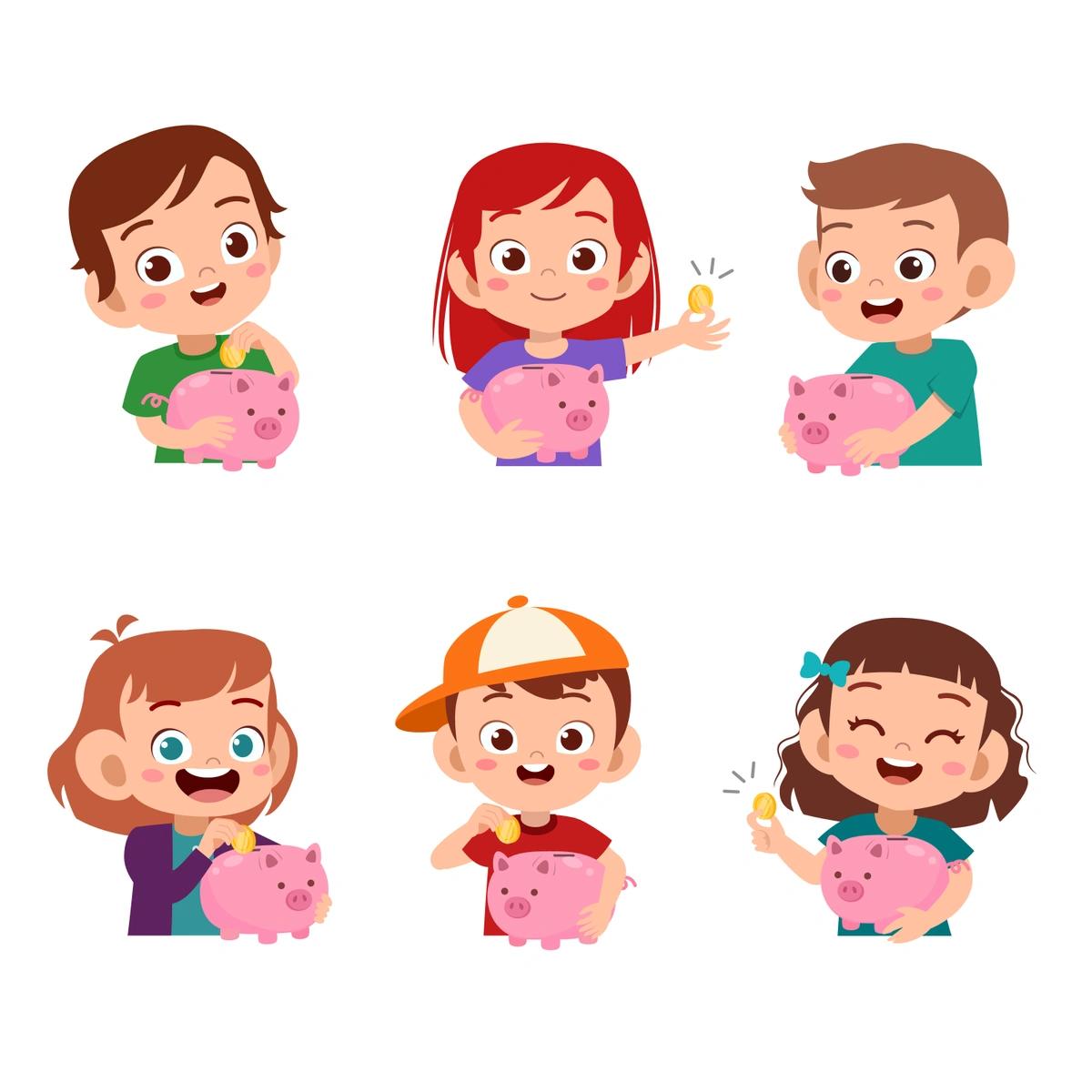 Illustration of six kids holding piggy banks