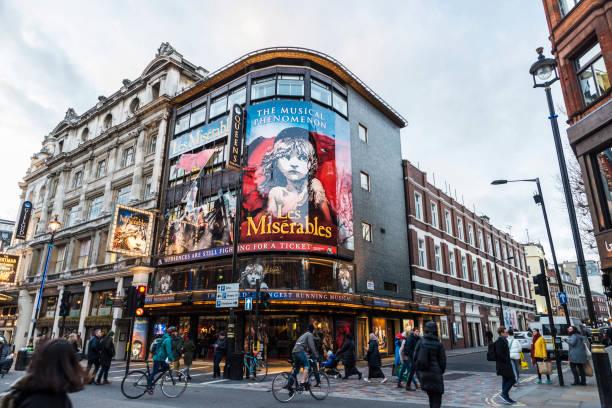 Image of the outside of a London theatre with Les Miserables on display. Free kids theatre tickets. Kids Week 2024