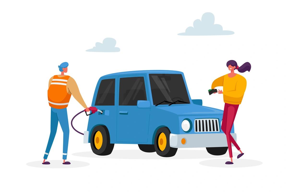 Colourful illustration of people filling up car with petrol